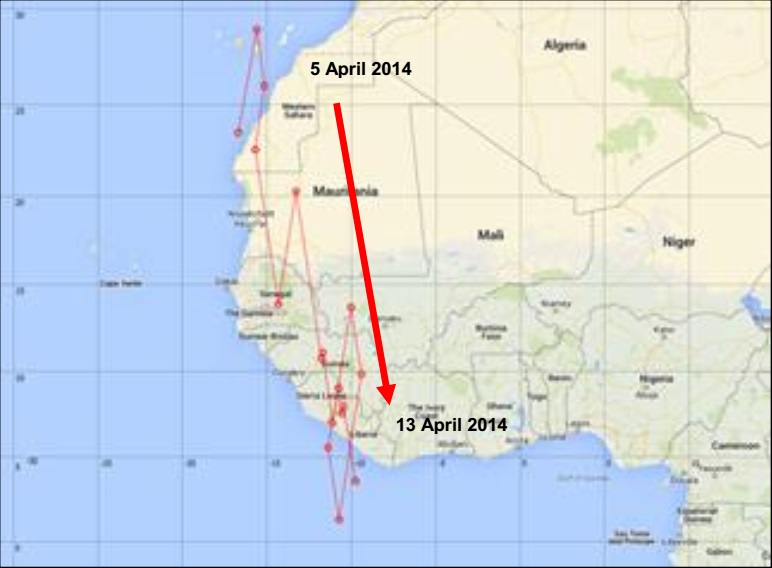 Plain Swift’s aborted return migration: Position of H001 between 5 April and 13 April 2014