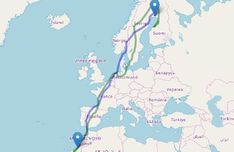 The migratory routes of the Finnish Pallid Harrier ‘Selja’: green track in 2018, blue track in 2019. (Data of LUOMUS - the Finnish Natural History Museum).